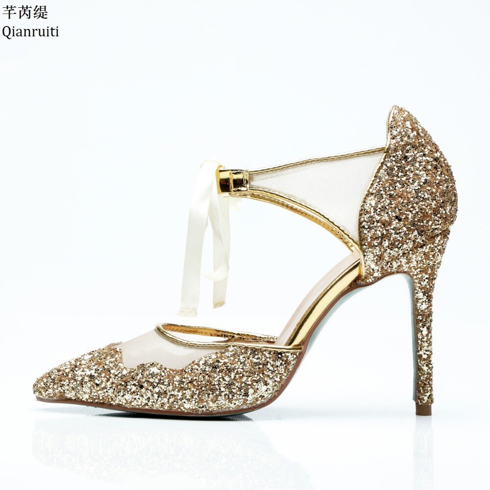 Qianruiti Gold Glitter Leather Lace-Up Women Pumps Ankle Strap High Heels Shoes Sexy Pointed Toe Stiletto Heels Ladies Shoes