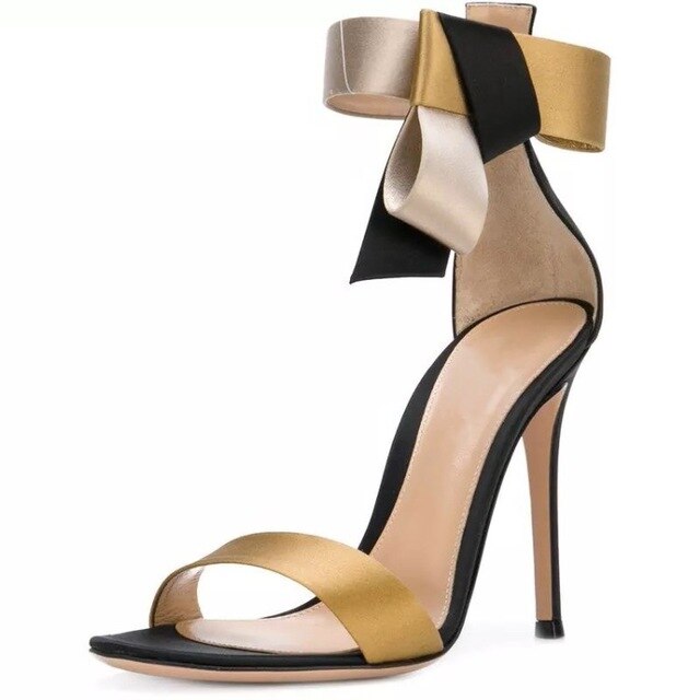 US4-11 Womens Peep Toe Stilettos High Heel Pumps Bowknot Ankle Belt Shoes Plus Size Sandals Gold Match Colors A1075