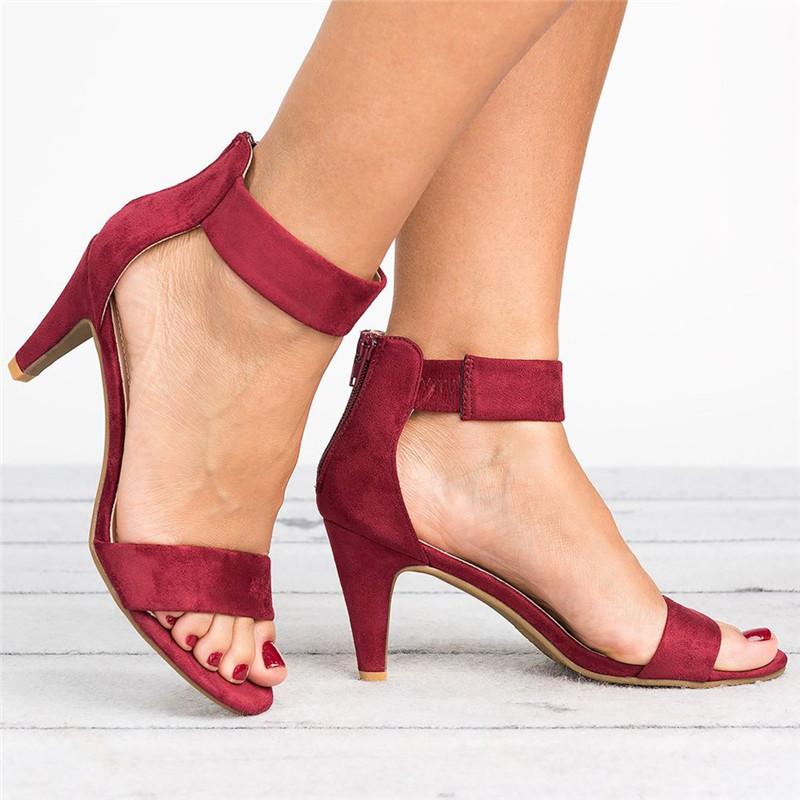 Women Thin High Heels Pumps Fashion Open Toe Suede Ankle Strap Sandals Wedding Dress Back Zip Red Leopard Summer Shoes Ladies