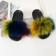 Faux Fur Slippers House Furry Slides Home Summer Women Shoes Fluffy Plush Ladies Sandals Flip Flops Flat Outdoor Mule Big Size