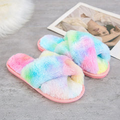 SWQZVT New open toe women slippers 2020 cross rainbow colors fur house female slippers tie-dye floor sleeping women winter shoes
