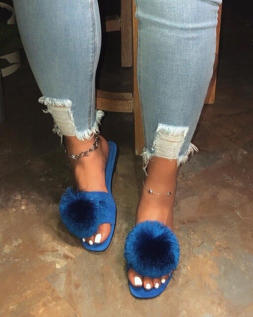 Fur Slippers Women Real Fox Fur Slides Home Furry Flat Sandals Female Cute Fluffy House Shoes Woman Luxury Brand Slippers