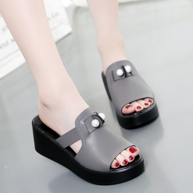 House Slippers Platform Big Size Summer Women's Shoes Heeled Mules On A Wedge Luxury Slides Pantofle Shallow Soft Heels