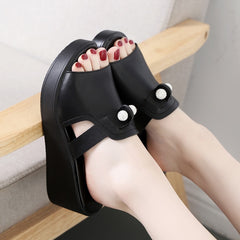 House Slippers Platform Big Size Summer Women's Shoes Heeled Mules On A Wedge Luxury Slides Pantofle Shallow Soft Heels