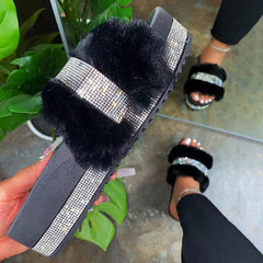 Luxury Designer Women Fur Rhinestone Slippers Platform Wedges Heel Solid Fluffy Furry Slides Outside Sexy Shoes Ladies Whosale