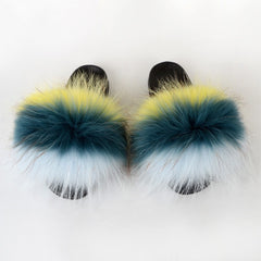 Summer Women Raccoon Fur Slippers Ladies Plush Slides Female Furry Sandals Fluffy House Shoes Girl's Cute Flip Flops Large Size