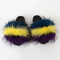 Summer Women Raccoon Fur Slippers Ladies Plush Slides Female Furry Sandals Fluffy House Shoes Girl's Cute Flip Flops Large Size
