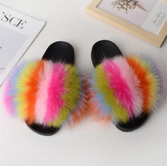 Hot Sale Summer Women Fox Fur Slippers Furry Slippers Designer Fur Slides Girls Black Fur Slides Gorgeous Big Fur Slides Sandal