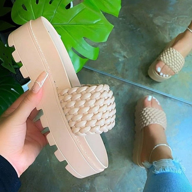Women Summer New Braided Weave Wedge Heels Slippers Sandals Shoes Woman Peep Toes Casual Slides Slippers Women's Sandals Shoes