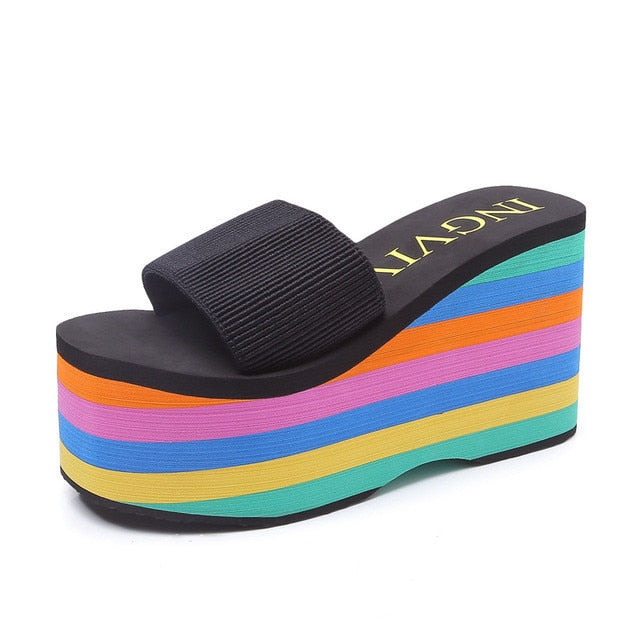 2021 Summer Women Sandals Rainbow wedges Beach Flip Flops Home Slipper Ladies Outdoor  Heels Shoes Non Slip Soft Zapatos Mujer