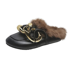 LazySeal Winter Real Fur Metal Chain Mules Women Shoes Loafers Round Toe Casual Shoes Women Furry Slides Fluffy Hairy Flip Flops