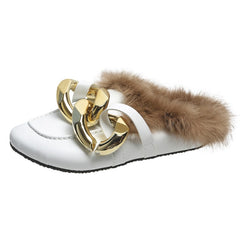 LazySeal Winter Real Fur Metal Chain Mules Women Shoes Loafers Round Toe Casual Shoes Women Furry Slides Fluffy Hairy Flip Flops