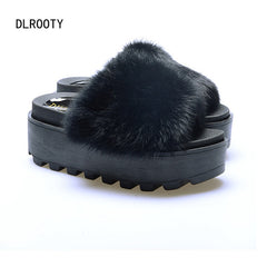 Women Slippers Real Fur Platform Flat Shoes Thick Sole Fashion Autumn Winter Flip Flop Outdoor Non-slip Casual Solid Female