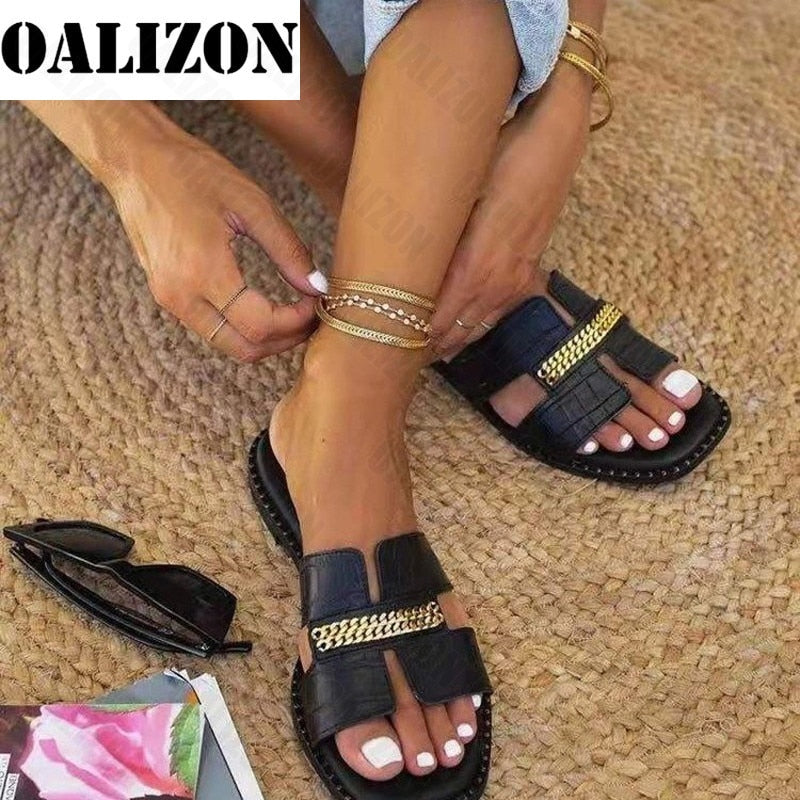 Classic Designer New 2021 Women Flat Flip Flops Double Chain Sandal Slippers Shoes Women Lady Flats Slippers Sandals Shoes Woman