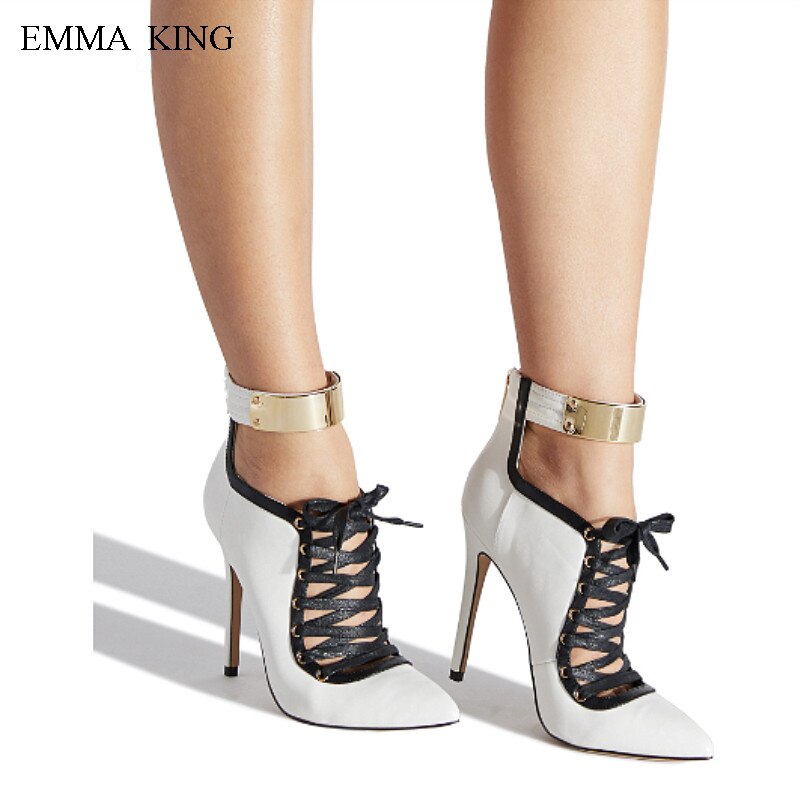 2019 Women Leather Pumps Pointed Toe Stiletto High Heels Metal Decor Cross-tied Design Charming Dress Pumps Party Shoes Woman